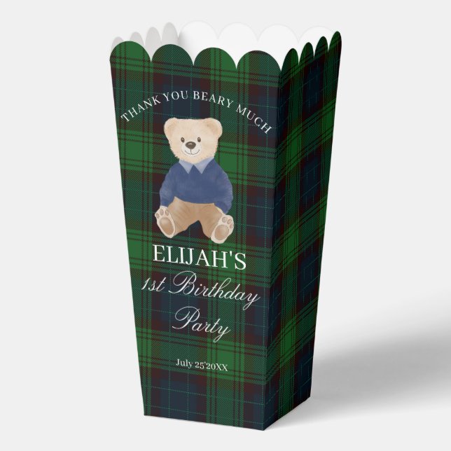 Teddy bear green plaid birthday party favor custom geschenkschachtel (Vorderseite)