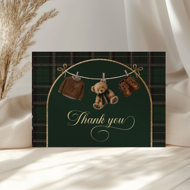 Teddy Bear Green Tartan Baby Shower  Dankeskarte (teddy bear baby shower, green tartan baby shower, baby shower thank you card, baby shower printable,)
