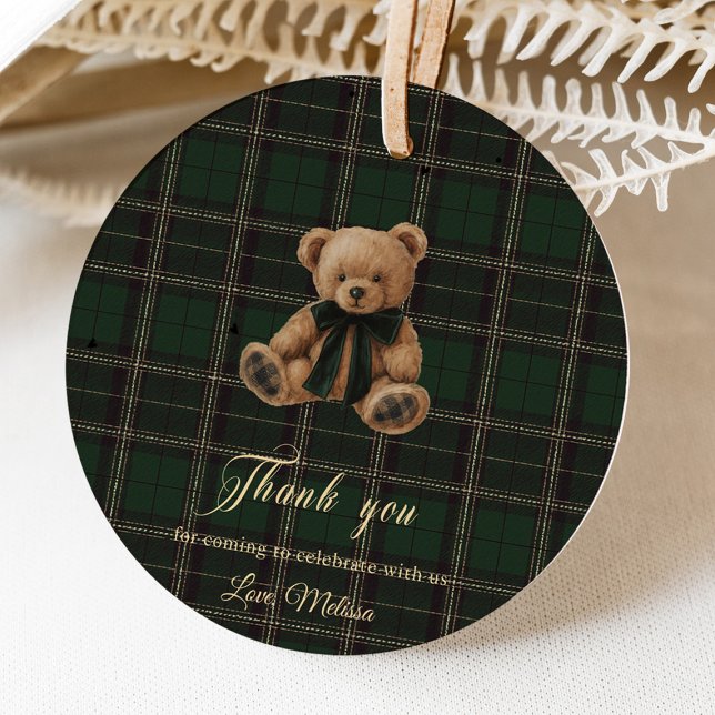 Teddy Bear Green Tartan Baby Shower Geschenkanhänger (teddy bear baby shower, green tartan baby shower, baby shower favor tags, baby shower tags, teddy be)