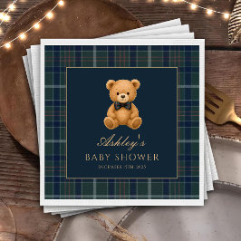 Teddy Bear Green Tartan Baby Shower Paper Napkin Serviette