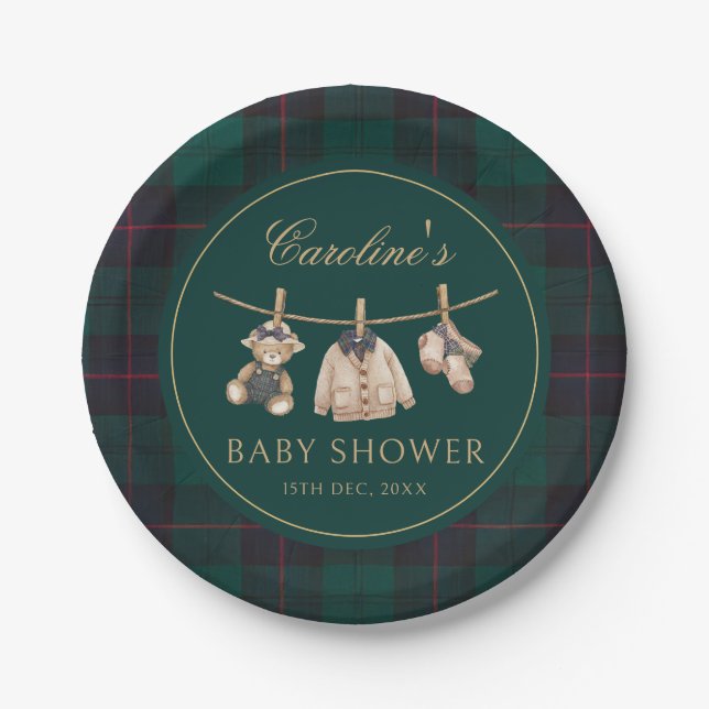 Teddy Bear Green Tartan Baby Shower Paper Plates Pappteller (Vorderseite)