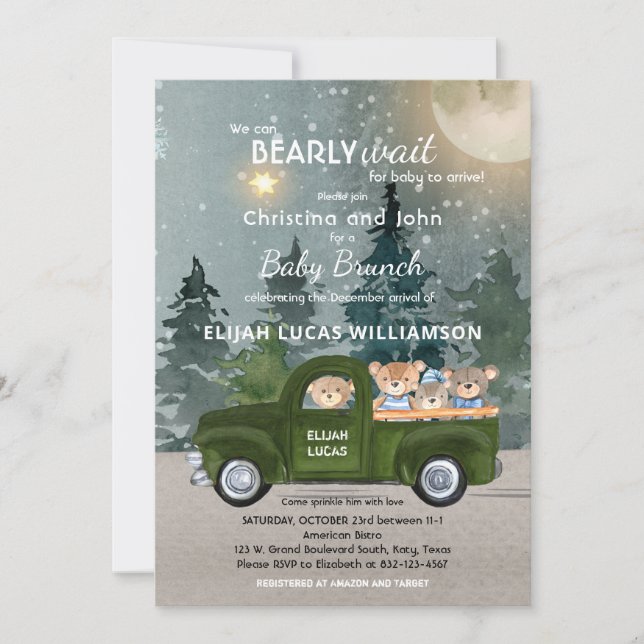 Teddy Bear Green Truck Moon and Forest Baby Shower Einladung (Vorderseite)