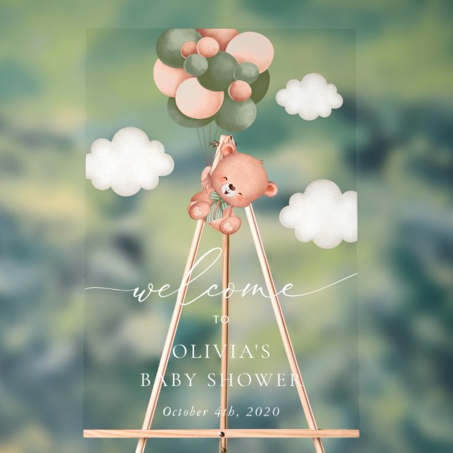 Teddy Bear, Grüne Balloons, Babydusche Willkommen Acrylschild (Neutral)