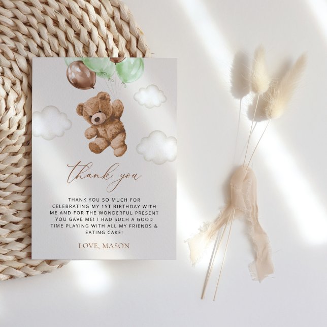Teddy Bear, Grüne Balloons, erster Geburtstag Dankeskarte (Von Creator hochgeladen)