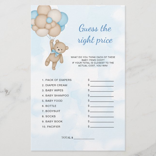 Teddy Bear Guess The Price Baby Shower Game (Vorderseite)