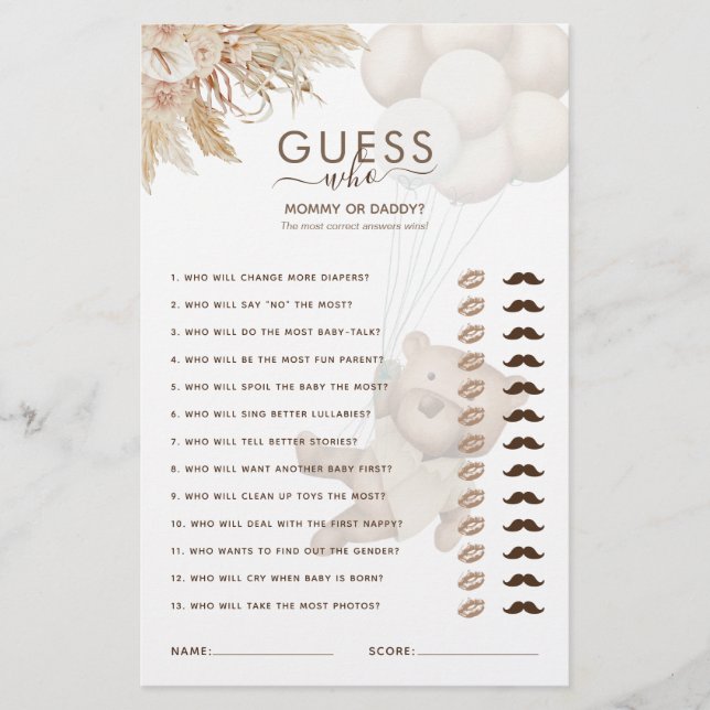 Teddy Bear Guess Who Baby Showspiel (Vorderseite)