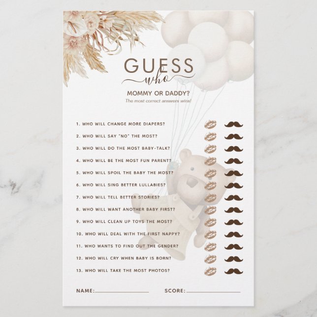 Teddy Bear Guess Who Baby Showspiel (Vorderseite)