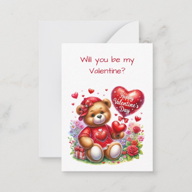 Teddy Bear Happy Valentine's Day Flat Card Mitteilungskarte (Vorderseite)