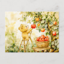 Teddy Bear Harvesting Apples with Ladder