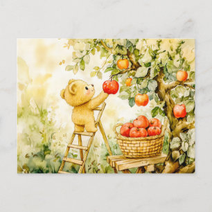 Teddy Bear Harvesting Apples with Ladder Postkarte