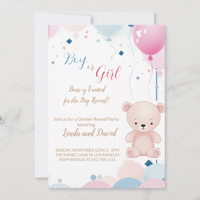 Teddy Bear He or She: Gender Reveve Invitation Einladung (Vorderseite)