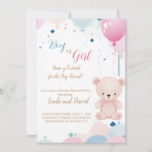 Teddy Bear He or She: Gender Reveve Invitation Einladung
