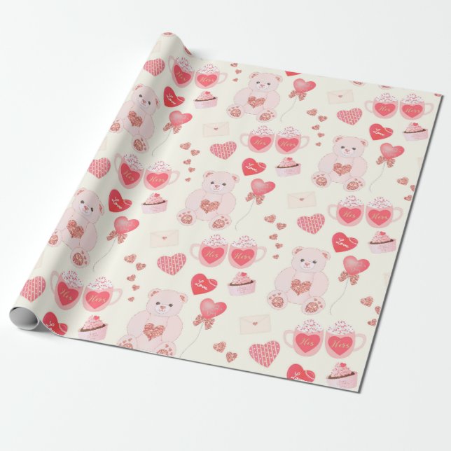 Teddy Bear Hearts Wrapping Paper Geschenkpapier (Ungerollt)