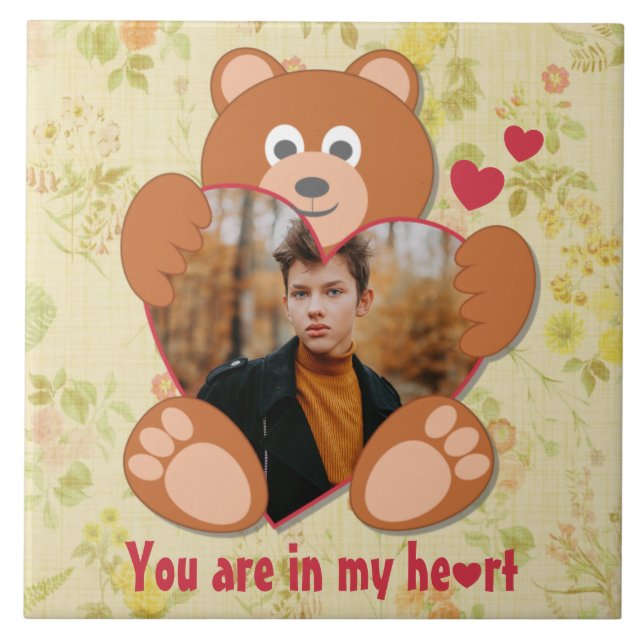 Teddy Bear Holding Heart Foto Valentinstag Fliese (Vorderseite)