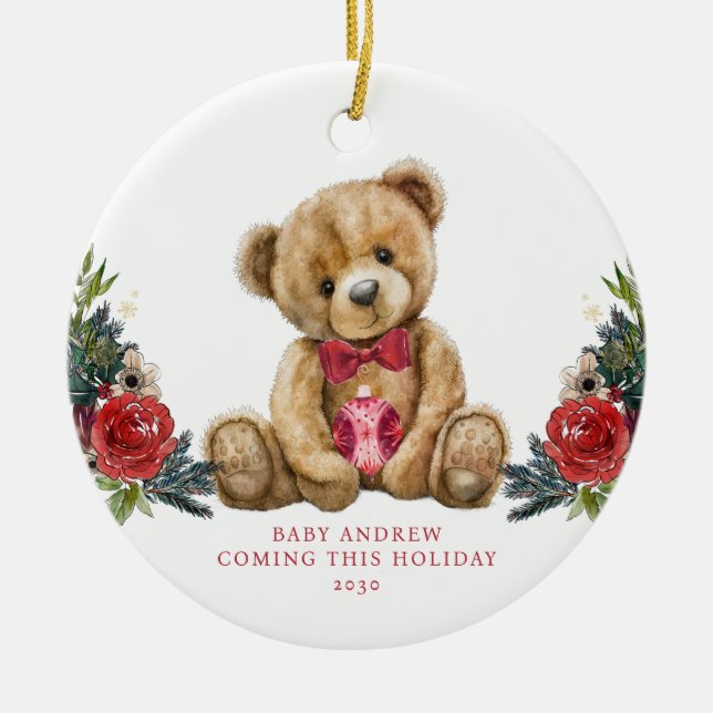 Teddy Bear Holiday Baby Ankündigung Keepake Keramik Ornament (Vorne)