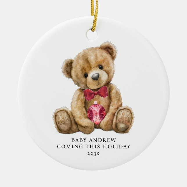 Teddy Bear Holiday Baby Ankündigung Keepake Keramik Ornament (Vorne)