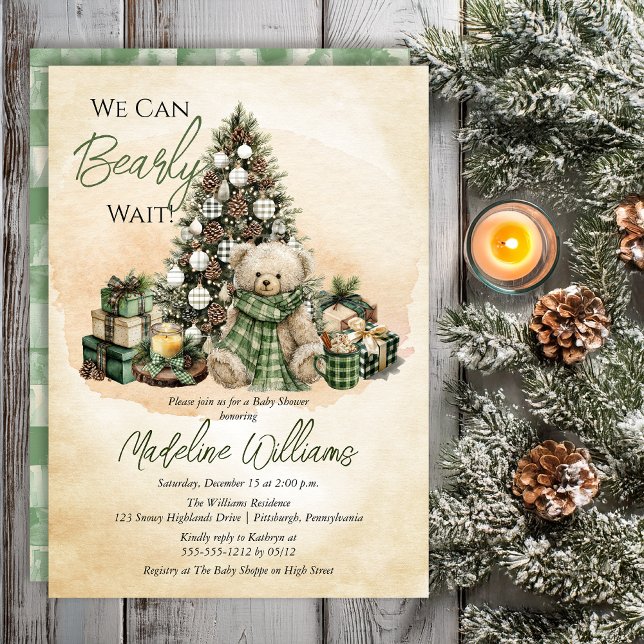 Teddy Bear Holiday We Can Bearly Wait Baby Shower Einladung (Teddy Bear "Bearly Wait" Green Neutral Christmas Holiday Baby Shower Invitation -- Print | Digital)