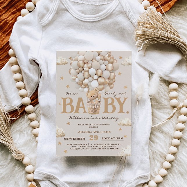 Teddy Bear Hot Air Ballon Baby Dusche Gold Tan Einladung (Von Creator hochgeladen)