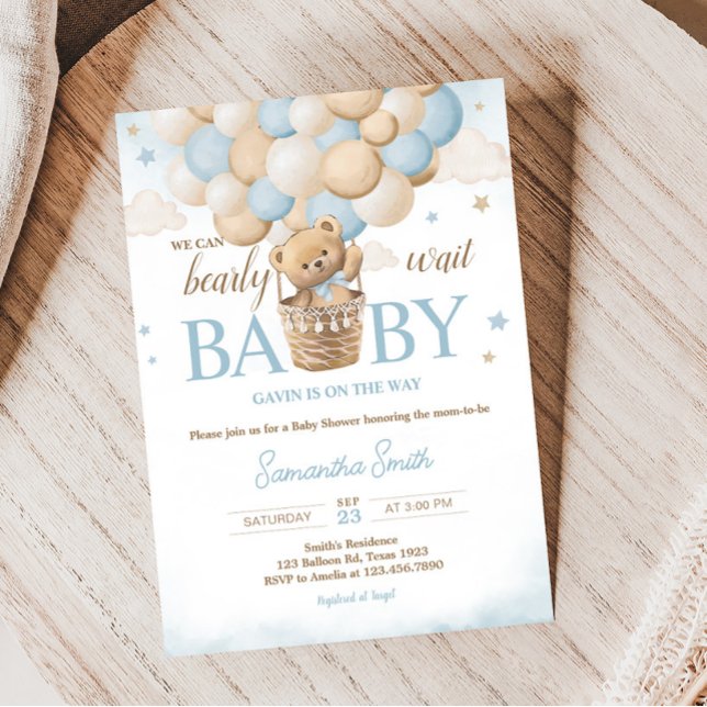 Teddy Bear Hot Air Ballon Babydusche Einladung (Boho Blue Bear Baby Shower Invitation)