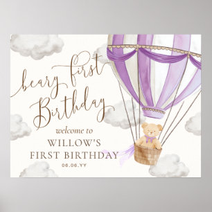 Teddy Bear Hot Air Ballon Bary First Birthday Poster