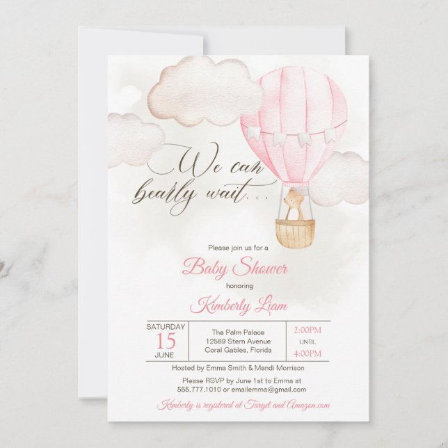 Teddy Bear Hot Air Ballon Girl Baby Dusche Einladung (Vorderseite)