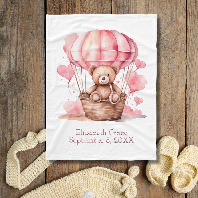 Teddy Bear Hot Air Ballon Pink Girl Geschenk Baby Fleecedecke (Pink Teddy Bear in Hot Air Balloon Monogram name birth stats birthday baby blanket baby girl)