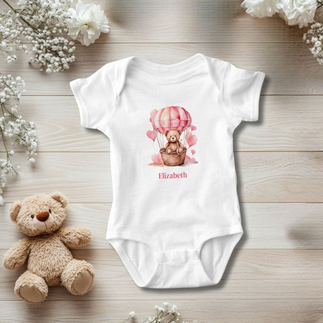 Teddy Bear Hot Air Ballon Pink Girl Personalisiert Baby Strampler (Teddy Bear Pink Hot Air Balloon Personalized Baby Body suit. Baby shower or new baby gift)