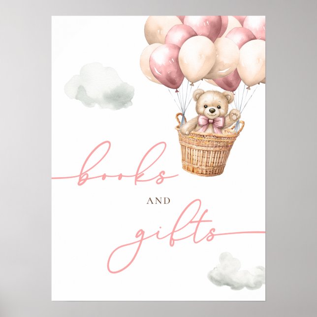 Teddy Bear Hot Air Ballon Rosa Bücher und Geschenk Poster (Vorne)