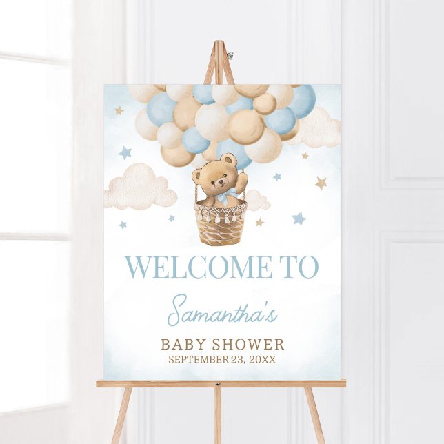Teddy Bear Hot Air Ballon Willkommen Poster (Boho Blue Bear Baby Shower Welcome Sign)