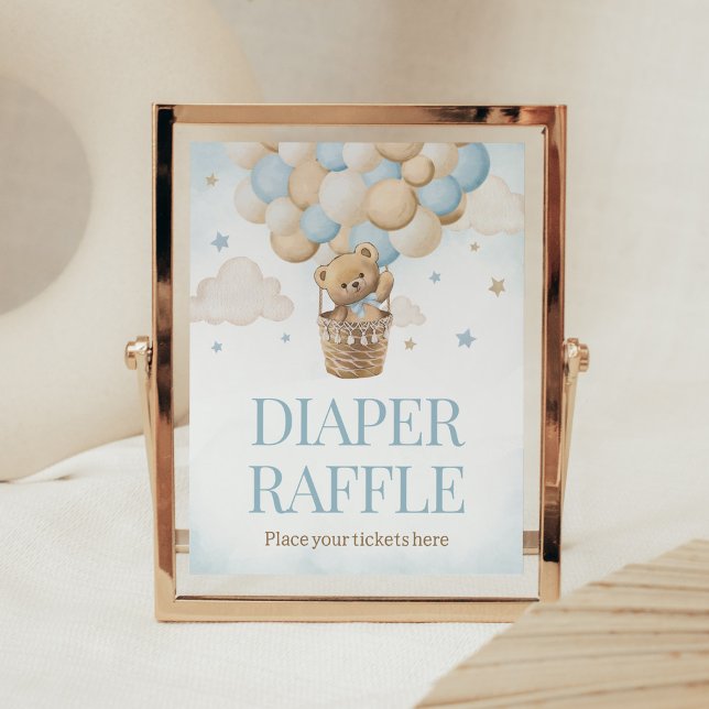 Teddy Bear Hot Air Ballon Windeln Raffel Poster (Boho Blue Bear Baby Shower Diaper Raffle Sign)