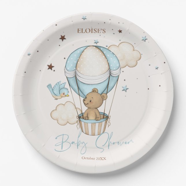 Teddy Bear Hot Balloon Babydusche warten Pappteller (Vorderseite)