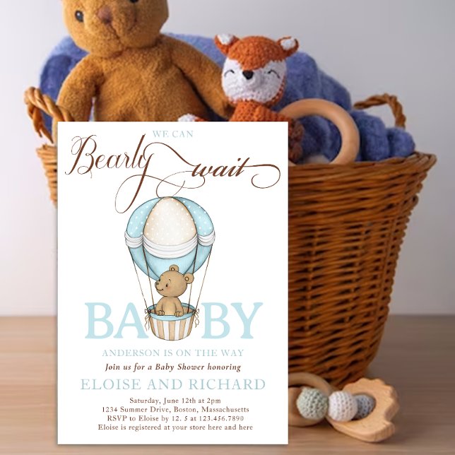 Teddy Bear Hot Balloon Boy Bearly Wait Baby Dusche Einladung (Baby Shower teddy bear)