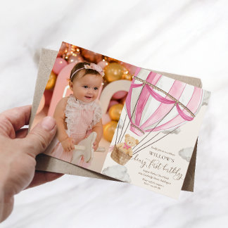 Teddy Bear Hot Hair Ballon Erster Geburtstag Foto Einladung