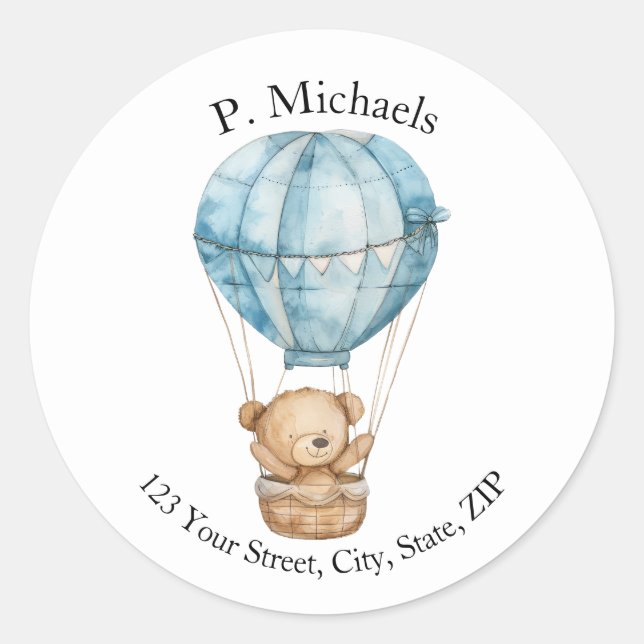 Teddy Bear in Air Balloon Round-Address-Label Runder Aufkleber (Vorderseite)