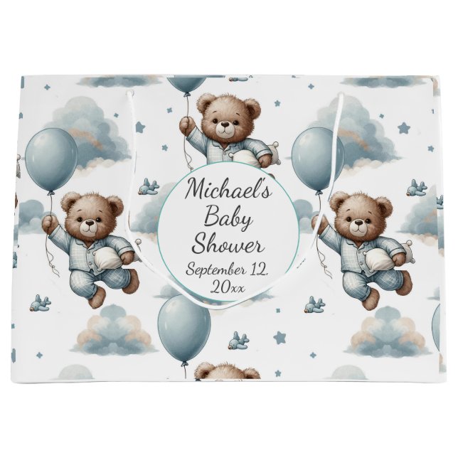Teddy Bear in Blue Pajamas Baby Dusche Große Geschenktüte (Vorderseite)