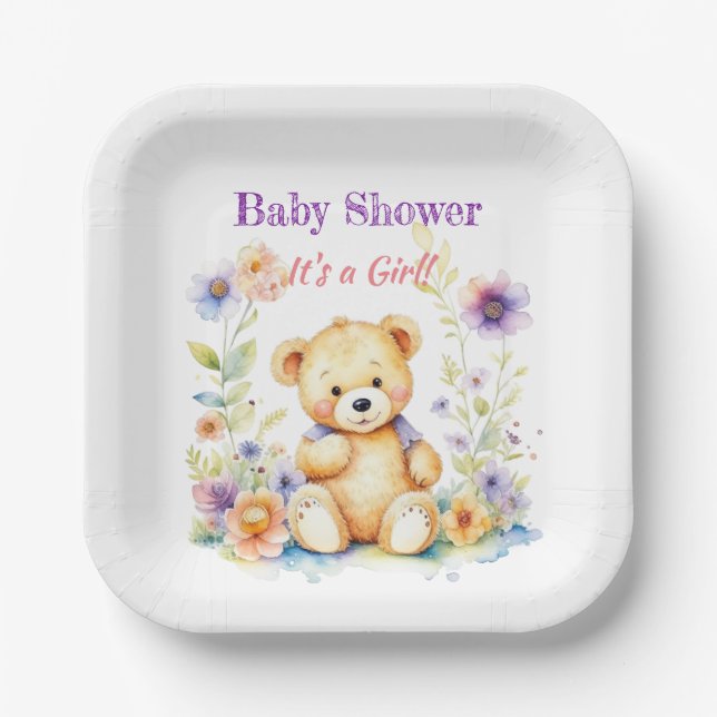 Teddy Bear in Blume Girl's Baby Shower Pappteller (Vorderseite)