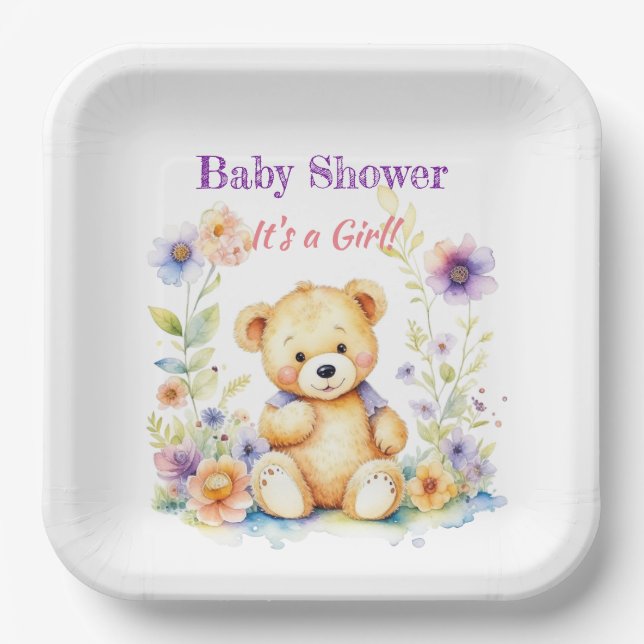 Teddy Bear in Blume Girl's Baby Shower Pappteller (Vorderseite)