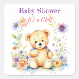 Teddy Bear in Blume Girl's Baby Shower Quadratischer Aufkleber