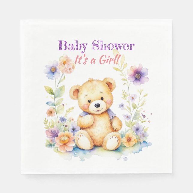 Teddy Bear in Blume Girl's Baby Shower Serviette (Vorderseite)