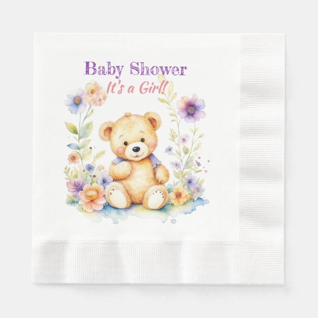 Teddy Bear in Blume Girl's Baby Shower Serviette (Vorderseite)