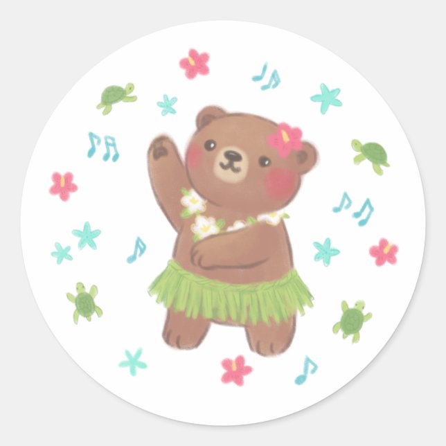 Teddy Bear in Hawaii Illustration Runder Aufkleber (Vorderseite)