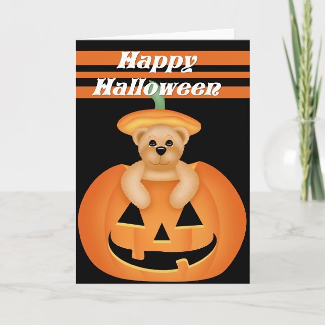 Teddy Bear in Pumpkin Happy Halloween Card Karte (Vorderseite)