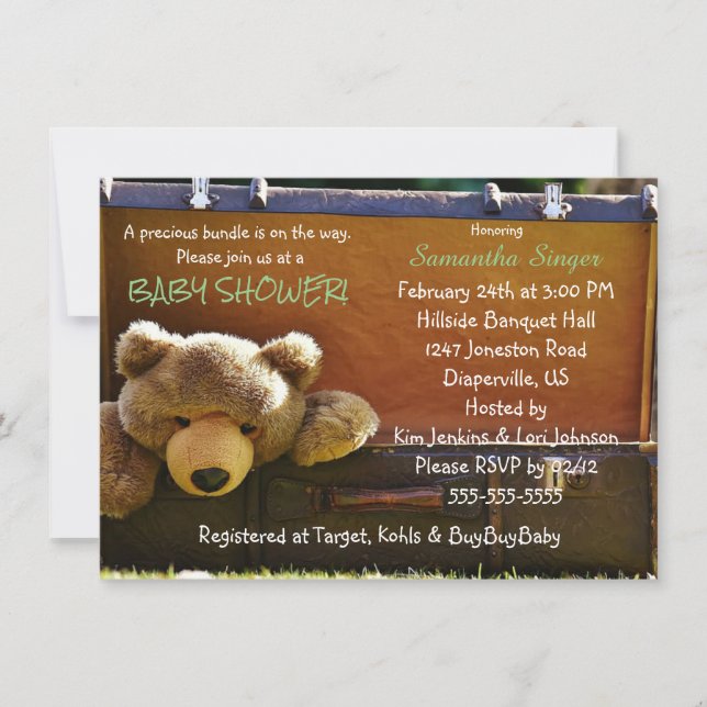 Teddy Bear in Suitcase Baby Dusche Einladung (Vorderseite)