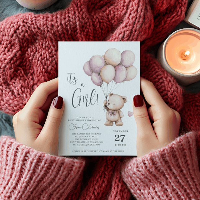 Teddy Bear It a Girl Lila Beige Balloons Einladung (Von Creator hochgeladen)