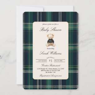Teddy Bear Kariert Elegant Baby Shower Boy Einladung