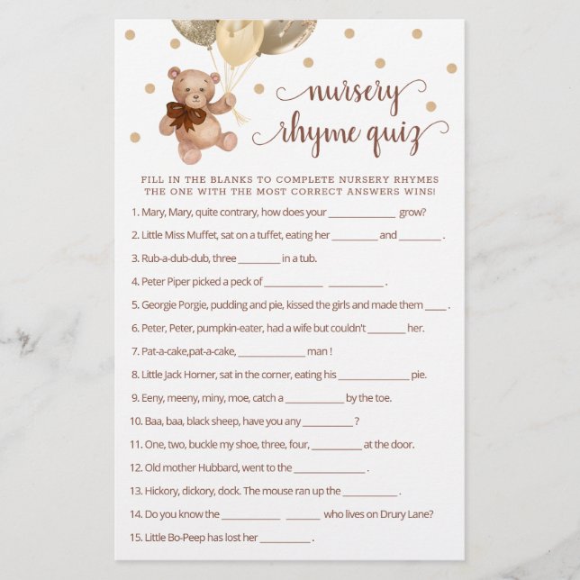 Teddy Bear Kinderzimmer Rhyme Quiz Game (Vorderseite)