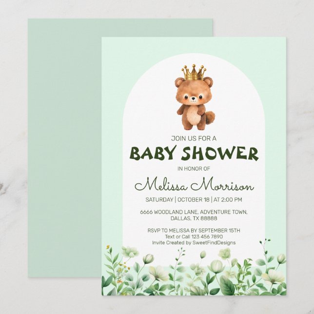 Teddy Bear King Baby Boy Dusche Einladung (Vorne/Hinten)