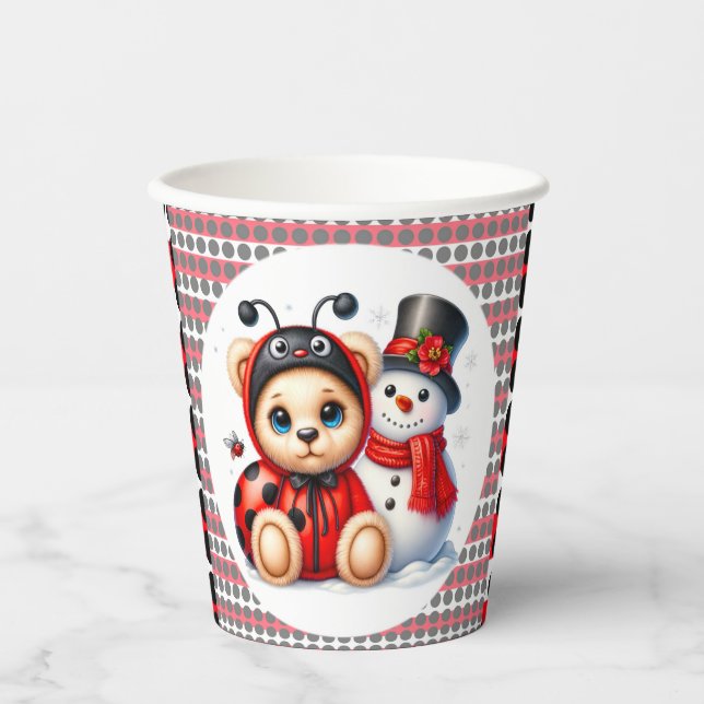 Teddy Bear Ladybug mit Snowman Baby Dusche Pappbecher (Vorderseite)