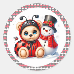 Teddy Bear Ladybug mit Snowman Baby Dusche Runder Aufkleber