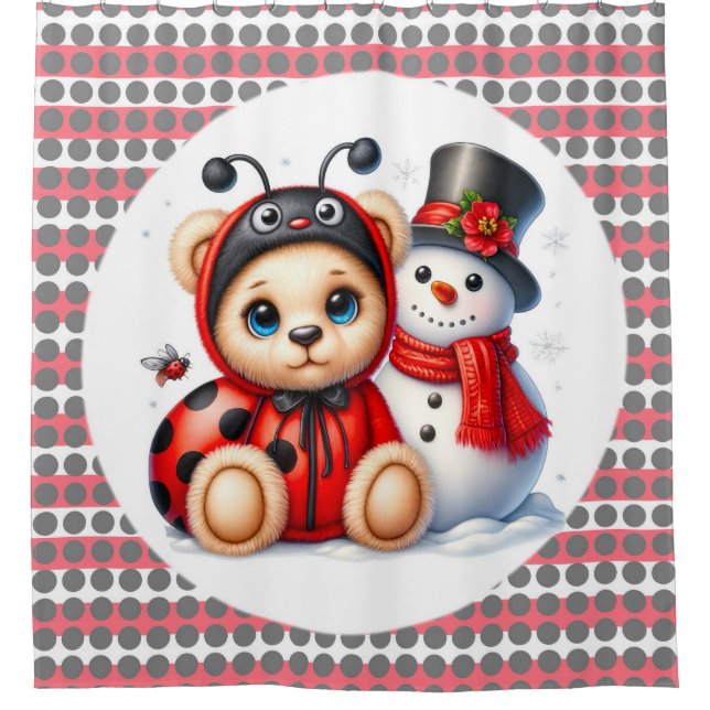Teddy Bear Ladybug mit Snowman Baby Showgeschenk Duschvorhang (Vorderseite)